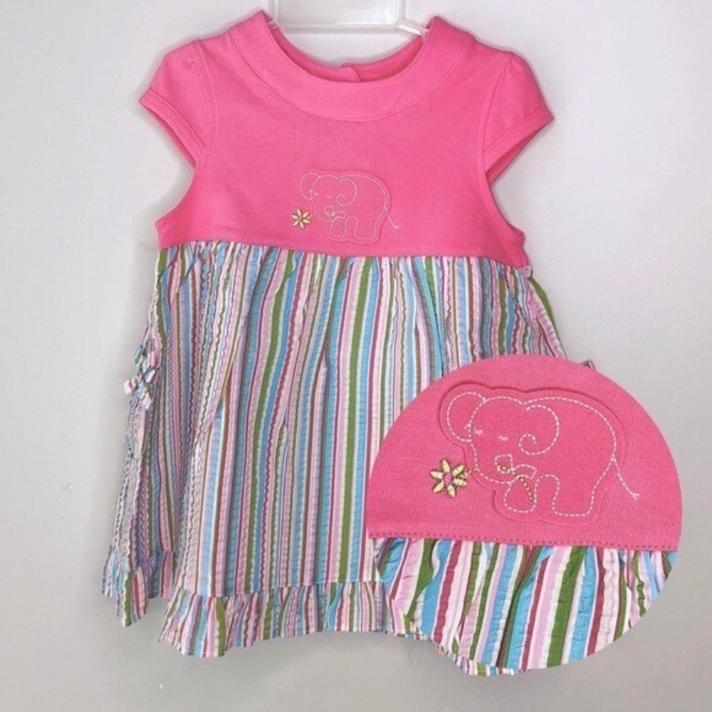 24 Months NWT Agabang Dress Elephant Flower Appliqué Pockets Bows‎ Seersucker